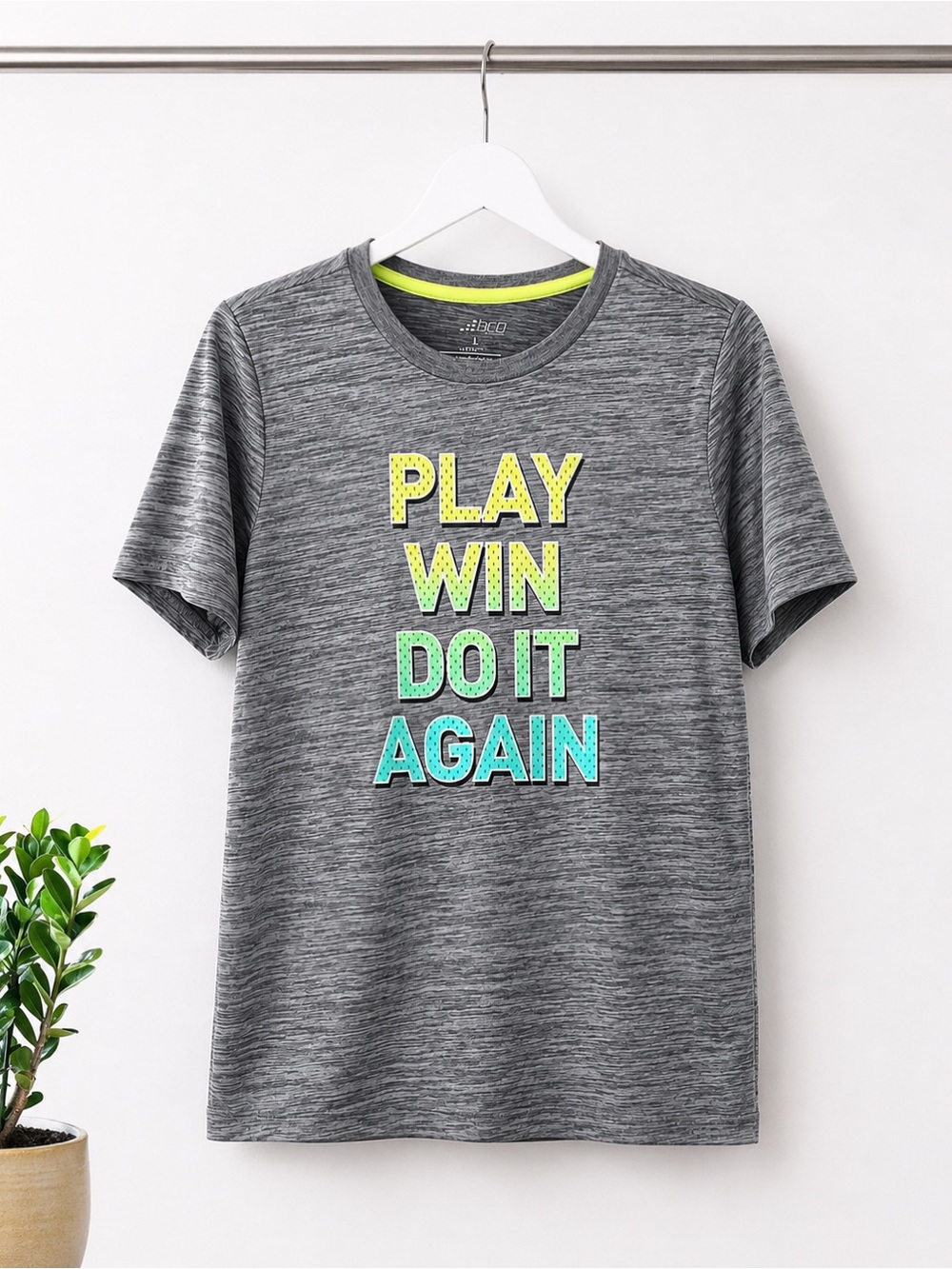 BCG Boys Dri-Fit Athletic Tee Size Large 10-12 Gray “Play Win Do It Again” Shirt